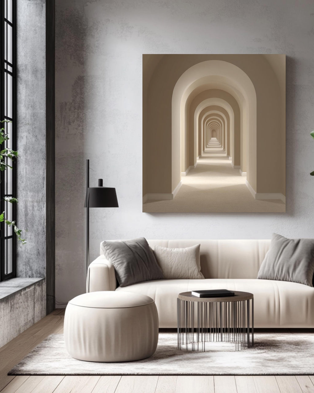 Hyper-Realistic High-Resolution Photography of Minimalist Beige Arched Corridor, Modern Architectural Neutral Wall Art  Poster Canvas