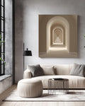 Hyper-Realistic High-Resolution Photography of Minimalist Beige Arched Corridor, Modern Architectural Neutral Wall Art  Poster Canvas