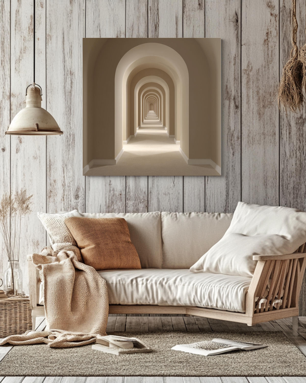 Hyper-Realistic High-Resolution Photography of Minimalist Beige Arched Corridor, Modern Architectural Neutral Wall Art  Poster Canvas