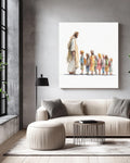 Watercolor Painting of Jesus with Children in Line, Minimalist Religious Wall Art with Muted Colors & Simple White Background, Poster Canvas