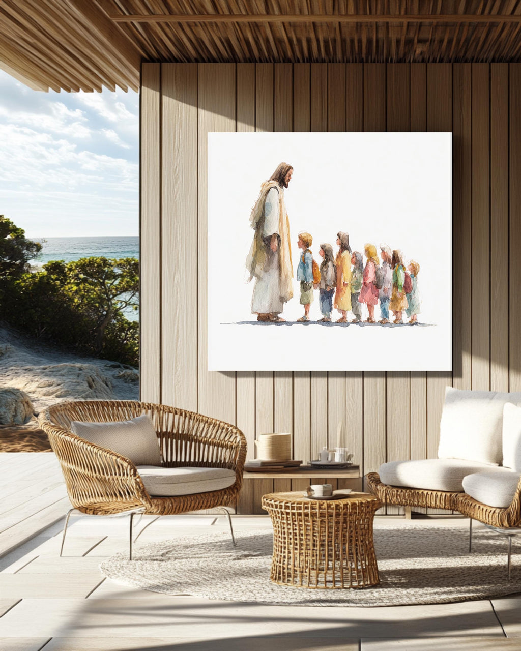 Watercolor Painting of Jesus with Children in Line, Minimalist Religious Wall Art with Muted Colors & Simple White Background, Poster Canvas