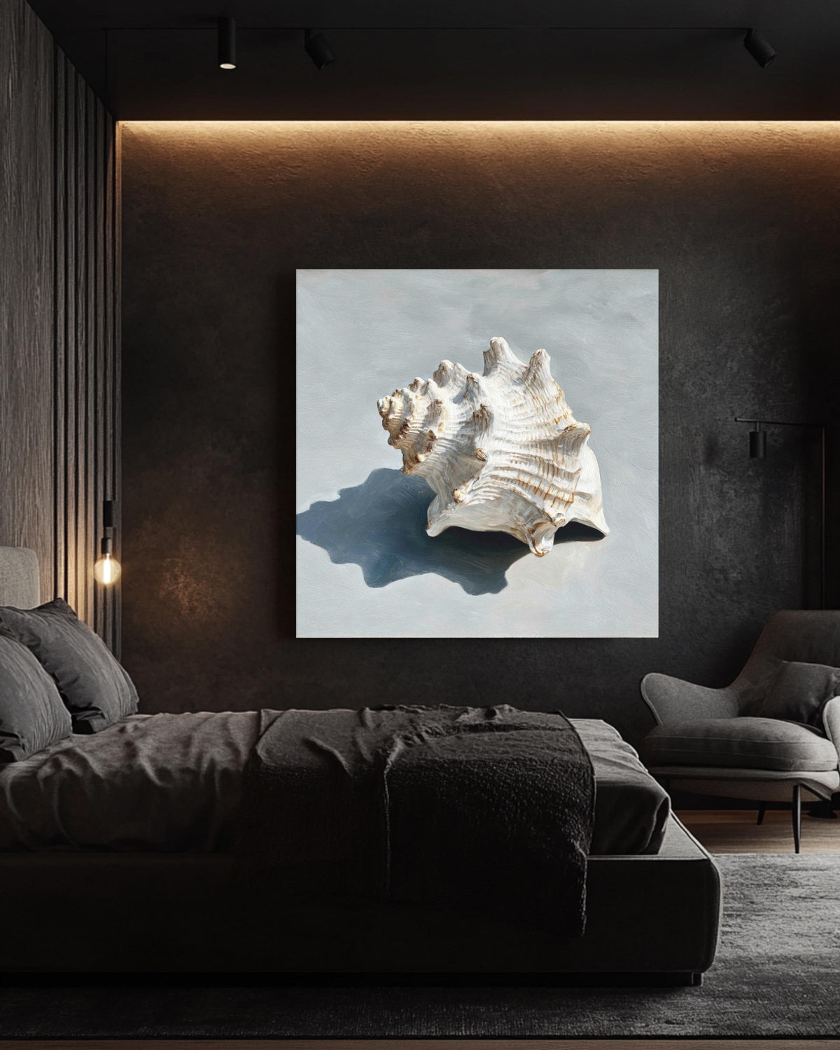 Oil Painting of a Single White Seashell on Soft Grey Background, Minimalist Coastal Wall Art, Modern Beach-Inspired Poster Canvas