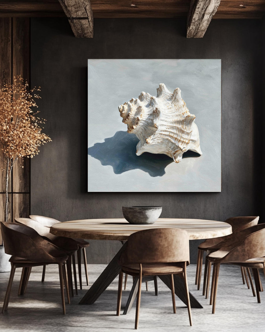 Oil Painting of a Single White Seashell on Soft Grey Background, Minimalist Coastal Wall Art, Modern Beach-Inspired Poster Canvas