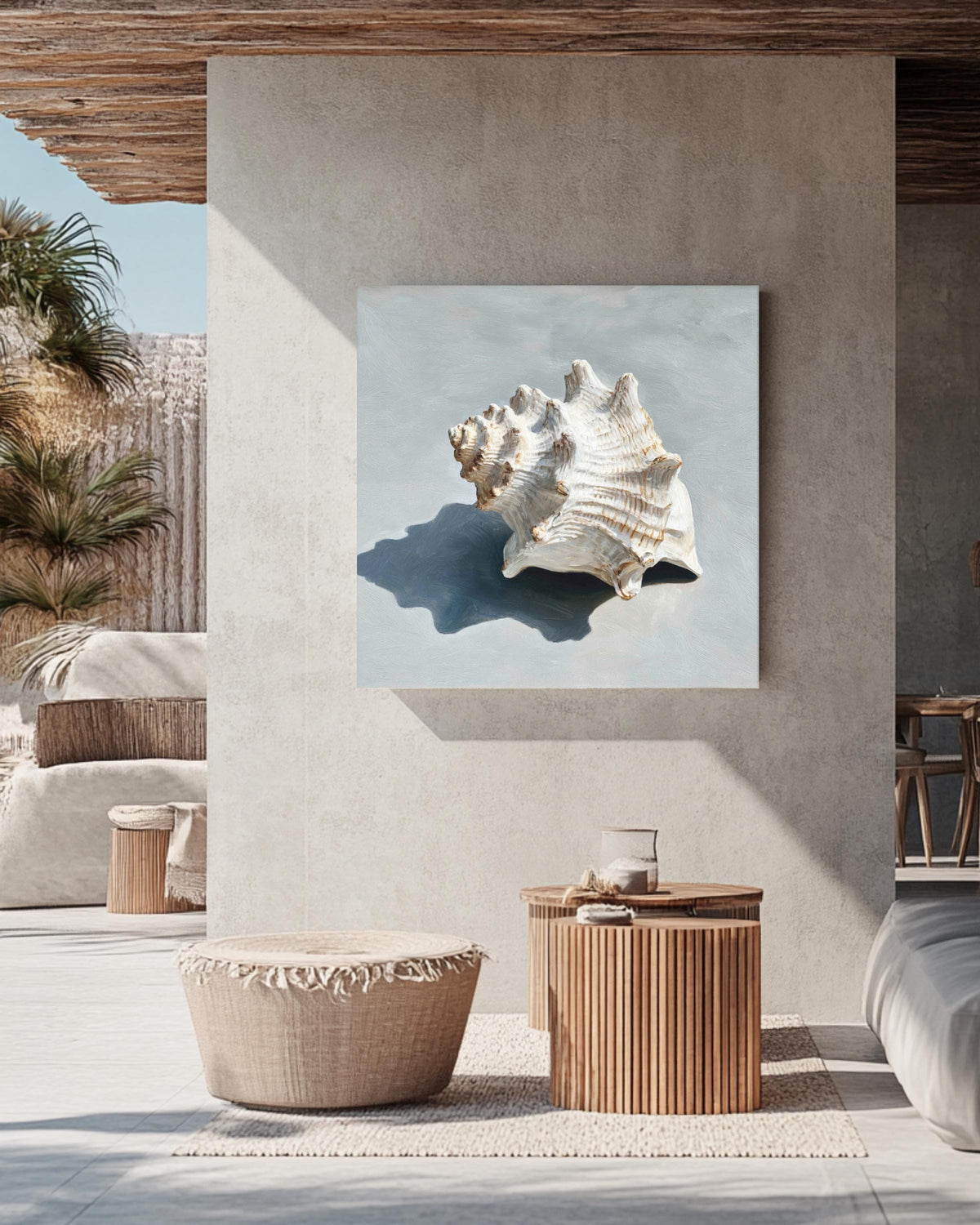 Oil Painting of a Single White Seashell on Soft Grey Background, Minimalist Coastal Wall Art, Modern Beach-Inspired Poster Canvas