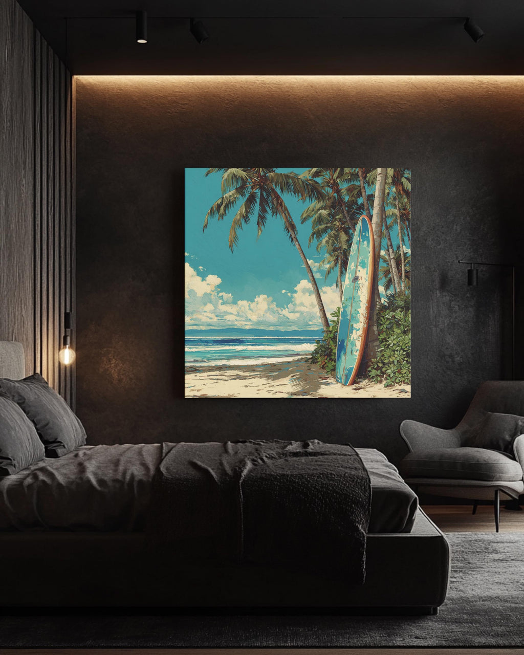 Colorful Oil Painting of Surfboard Leaning Against Palm Trees on the Beach, Detailed Coastal Wall Art, Tropical Summer Poster Canvas