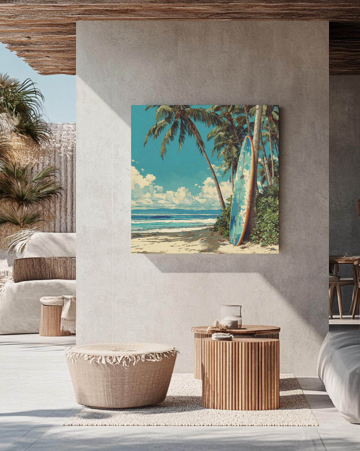 Colorful Oil Painting of Surfboard Leaning Against Palm Trees on the Beach, Detailed Coastal Wall Art, Tropical Summer Poster Canvas