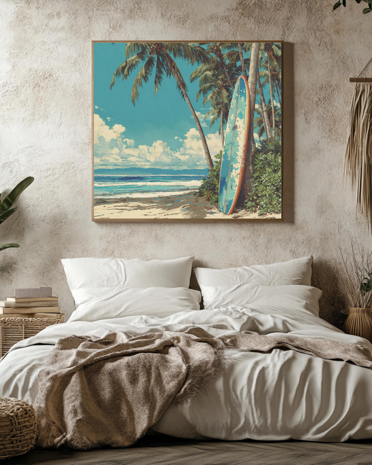 Colorful Oil Painting of Surfboard Leaning Against Palm Trees on the Beach, Detailed Coastal Wall Art, Tropical Summer Poster Canvas