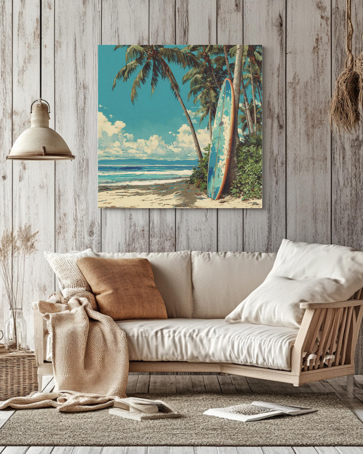 Colorful Oil Painting of Surfboard Leaning Against Palm Trees on the Beach, Detailed Coastal Wall Art, Tropical Summer Poster Canvas