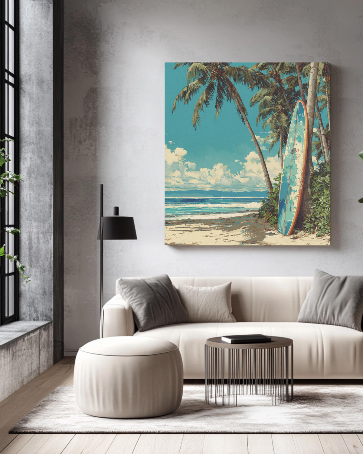 Colorful Oil Painting of Surfboard Leaning Against Palm Trees on the Beach, Detailed Coastal Wall Art, Tropical Summer Poster Canvas