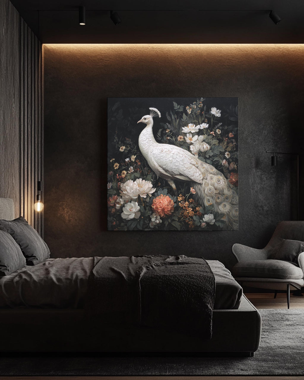 Elegant White Peacock Oil Painting with Flowers, Full-Body Portrait, Whimsical Victorian-Inspired Dark Academia Wall Art Poster Canvas