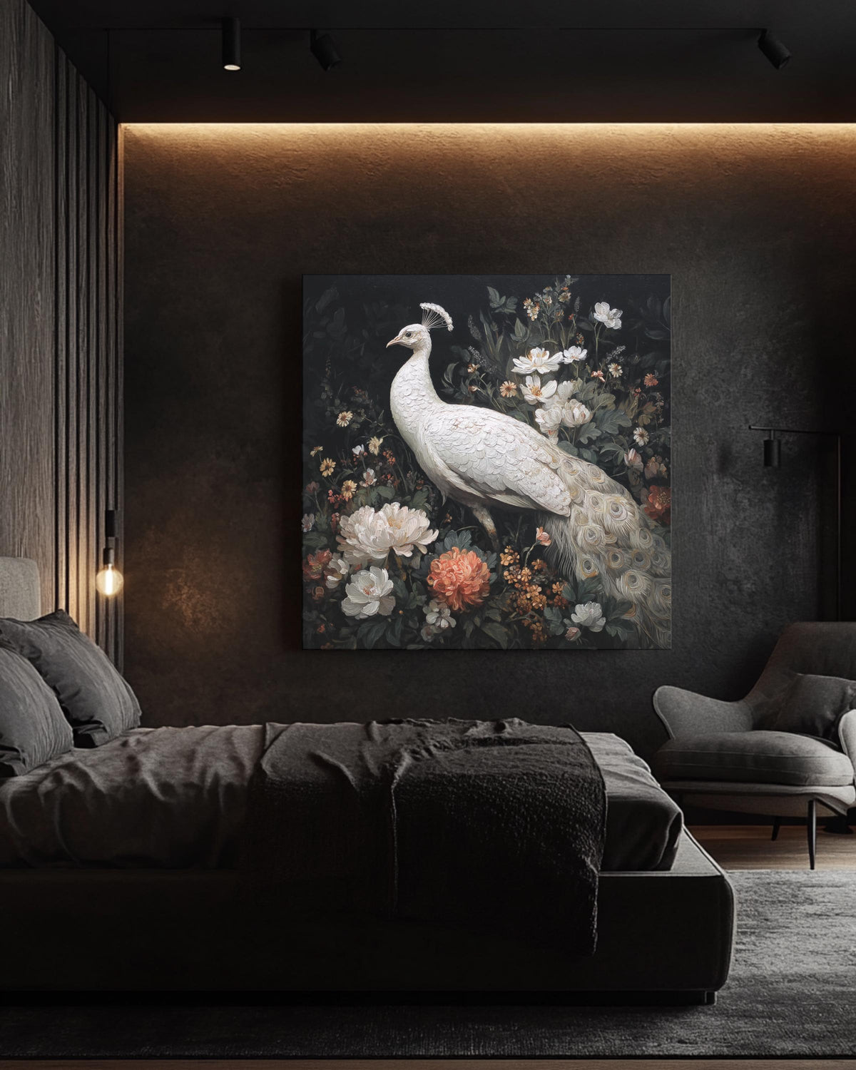 Elegant White Peacock Oil Painting with Flowers, Full-Body Portrait, Whimsical Victorian-Inspired Dark Academia Wall Art Poster Canvas