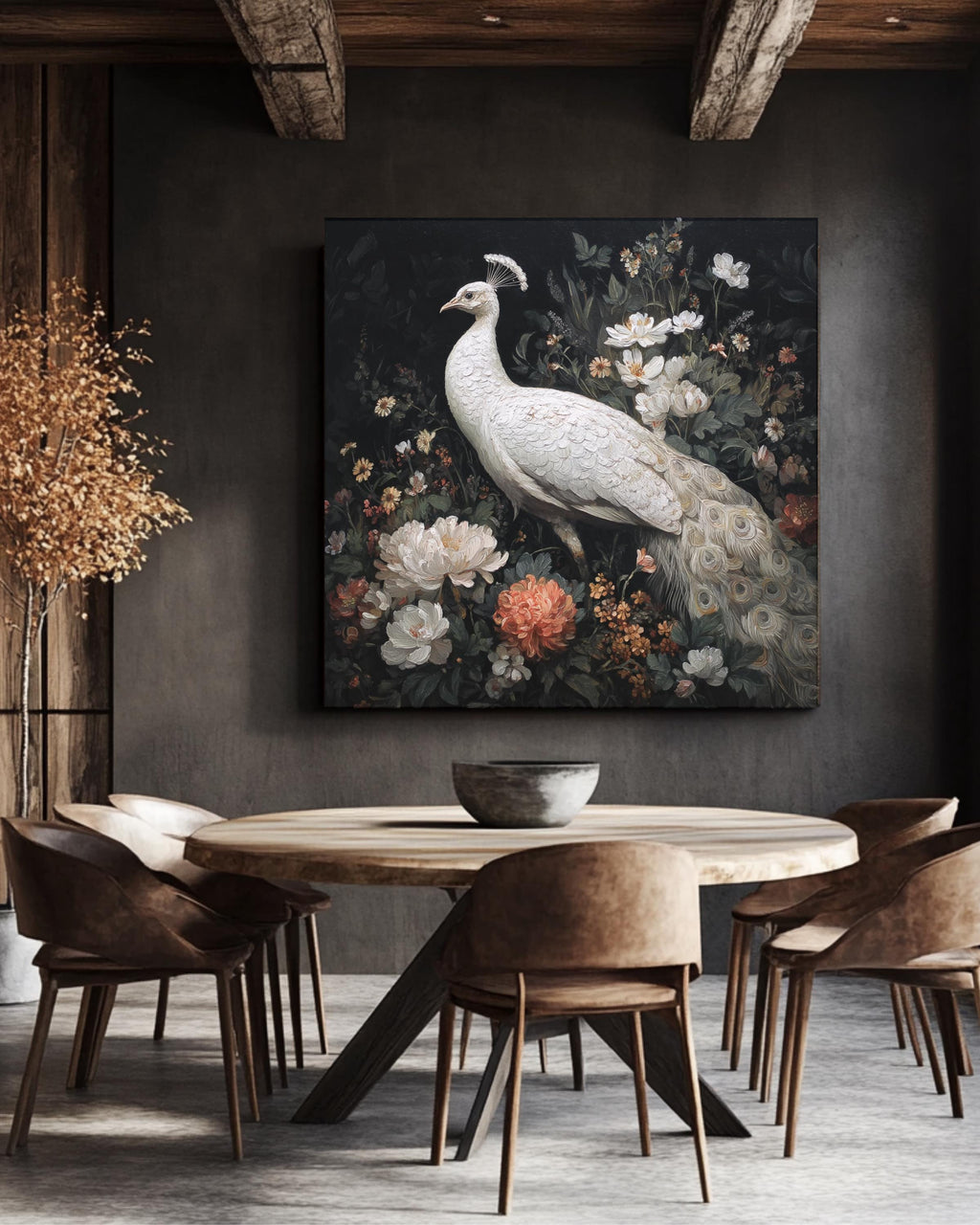 Elegant White Peacock Oil Painting with Flowers, Full-Body Portrait, Whimsical Victorian-Inspired Dark Academia Wall Art Poster Canvas
