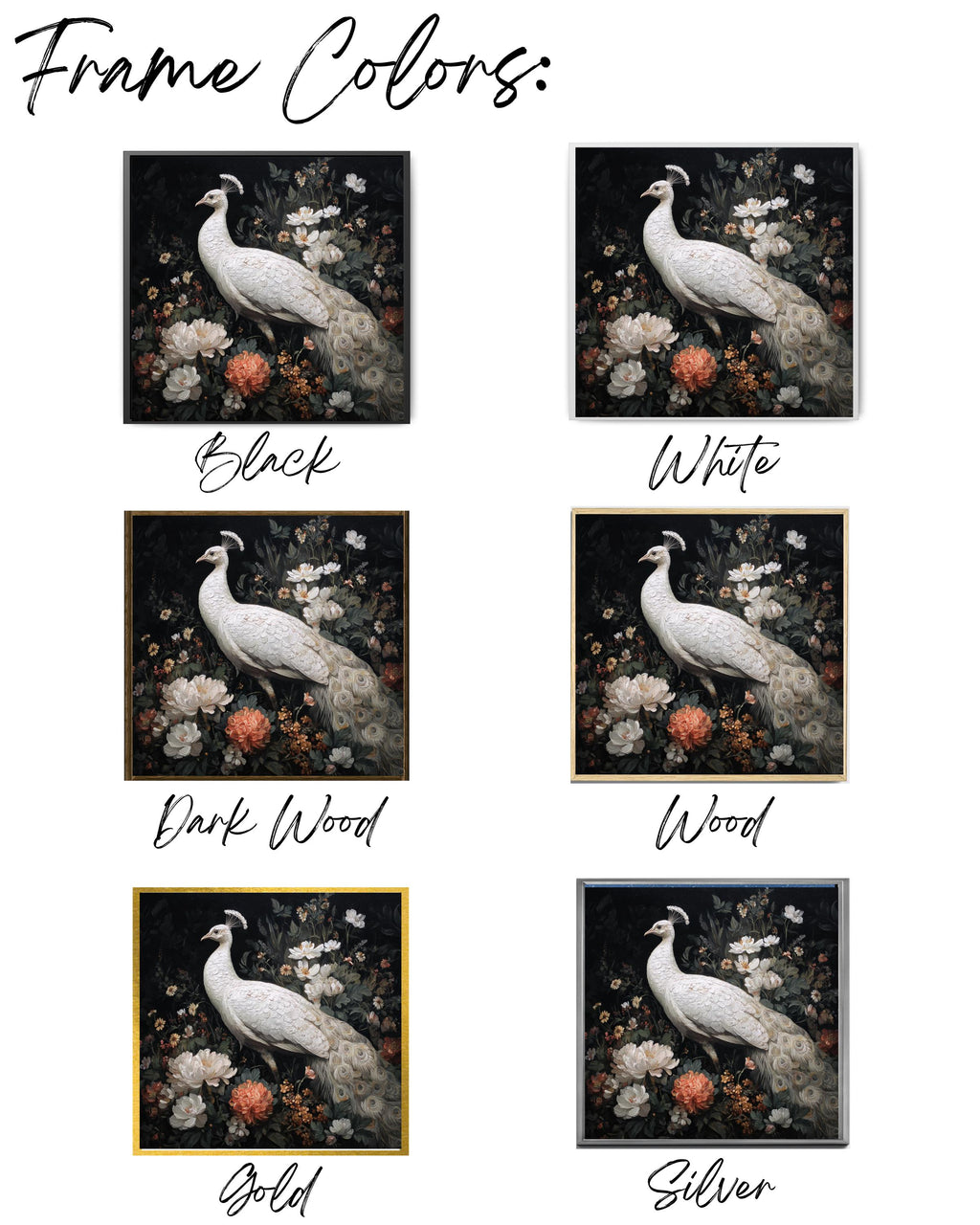 Elegant White Peacock Oil Painting with Flowers, Full-Body Portrait, Whimsical Victorian-Inspired Dark Academia Wall Art Poster Canvas