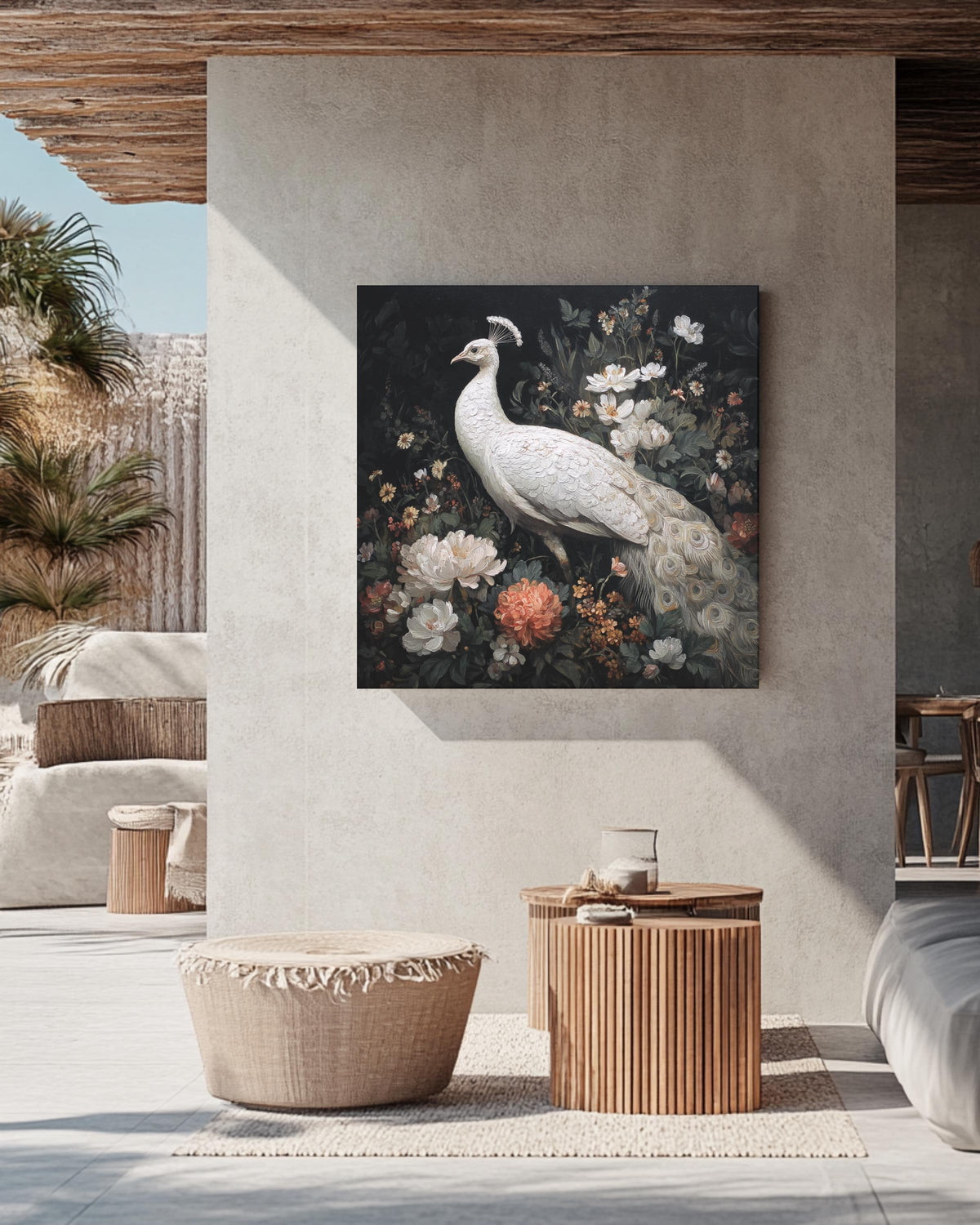 Elegant White Peacock Oil Painting with Flowers, Full-Body Portrait, Whimsical Victorian-Inspired Dark Academia Wall Art Poster Canvas