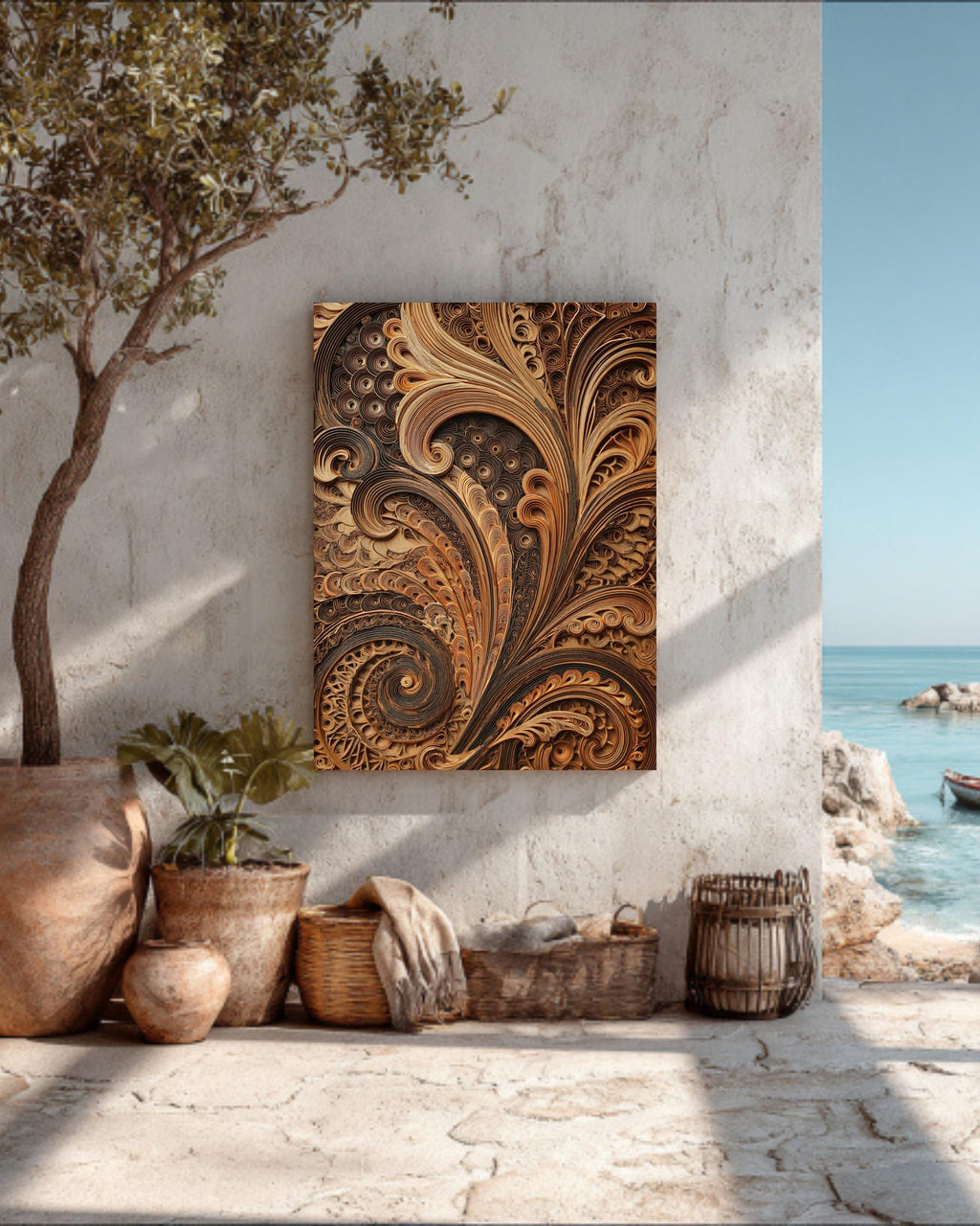 Intricate Arabesque Layered Paper Cut Art Print, Multi-Layer Laser-Cut Wood Design, Islamic Geometric Wall Decor Poster Canvas