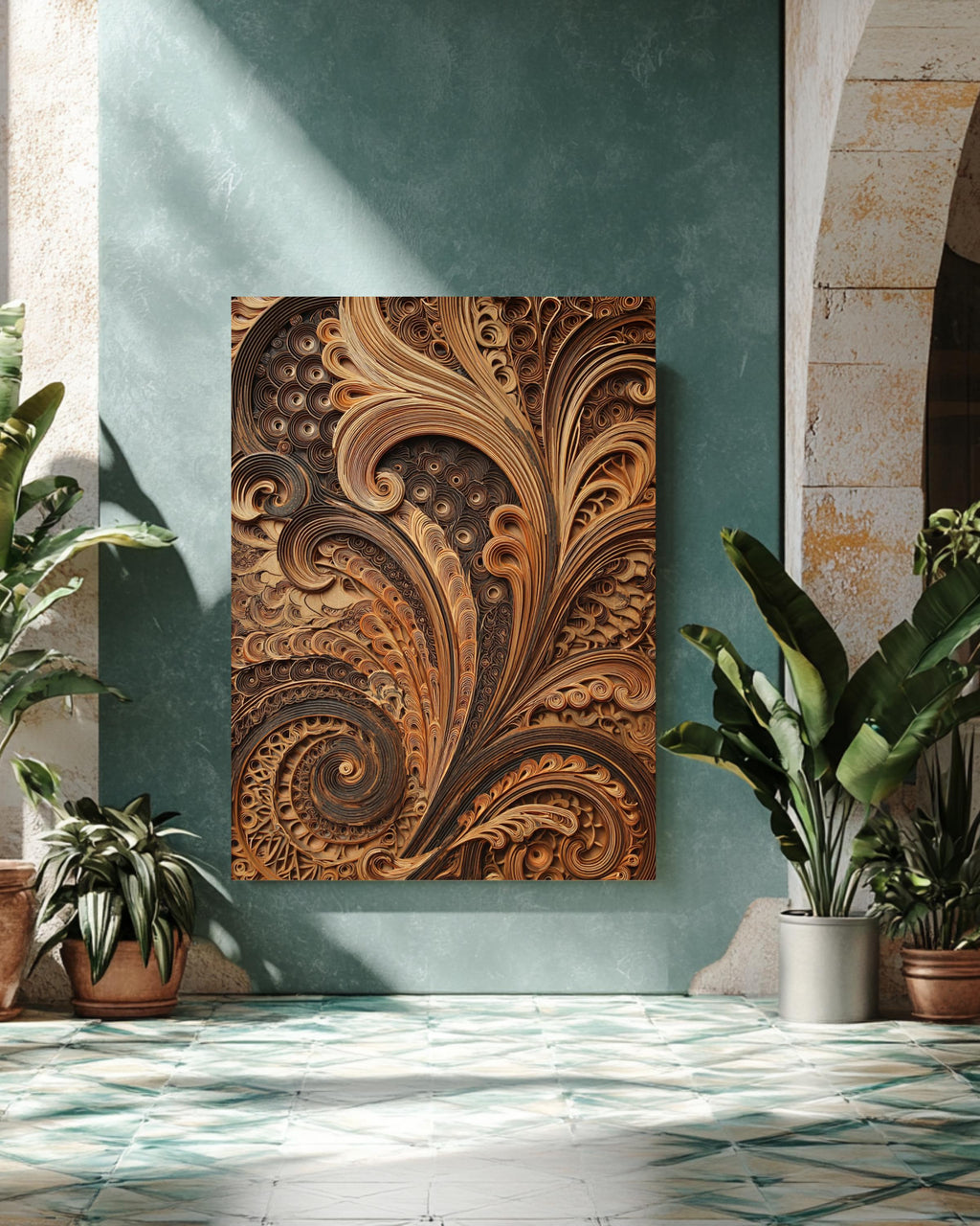 Intricate Arabesque Layered Paper Cut Art Print, Multi-Layer Laser-Cut Wood Design, Islamic Geometric Wall Decor Poster Canvas