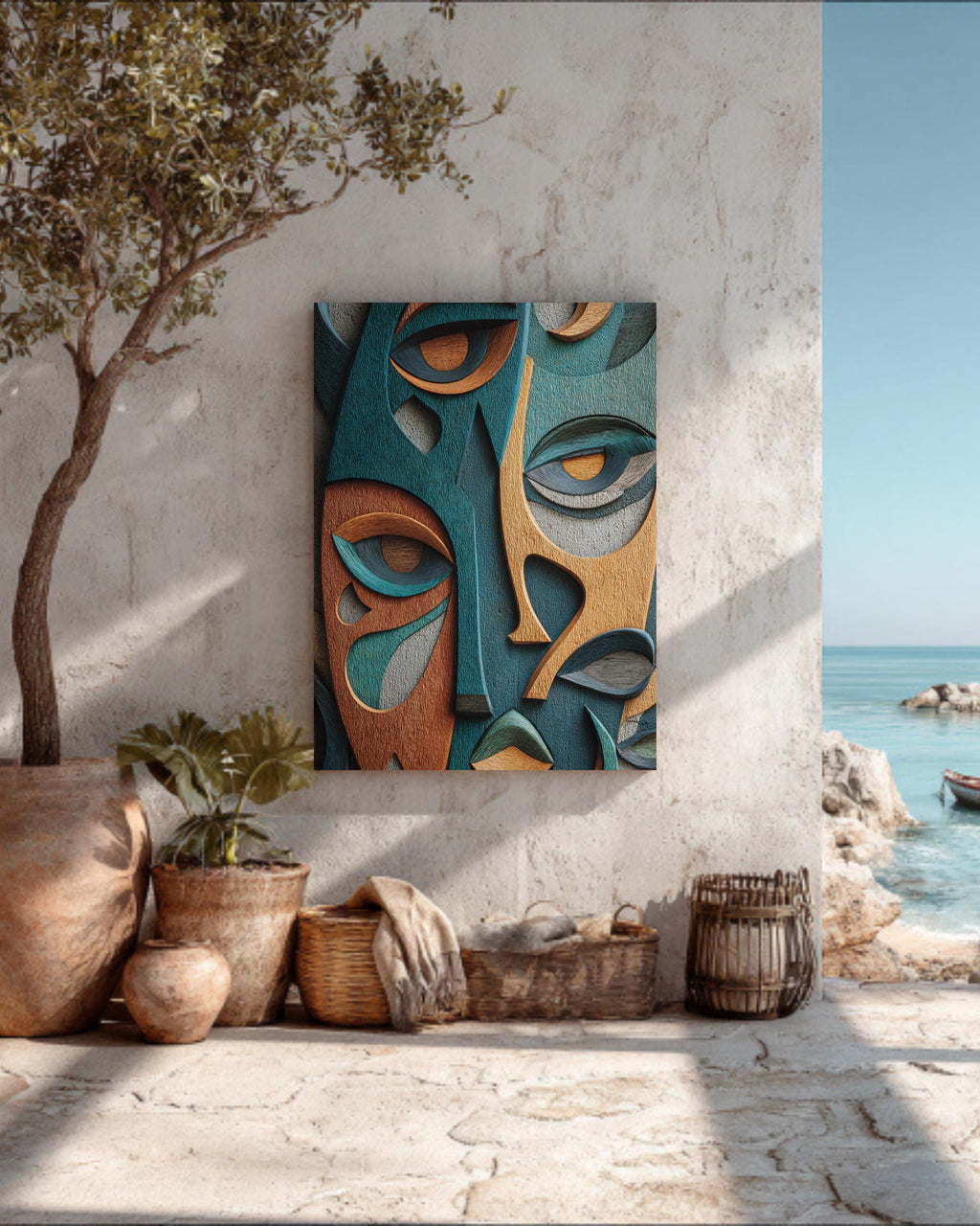 Abstract Faces Wall Art Print Featuring Unique Colorful Expressions, Elegantly Composed on Building Wall, Modern Contemporary Poster Canvas