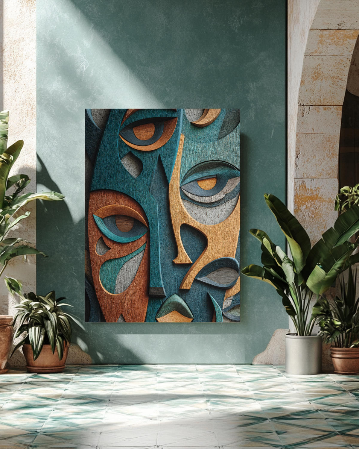 Abstract Faces Wall Art Print Featuring Unique Colorful Expressions, Elegantly Composed on Building Wall, Modern Contemporary Poster Canvas