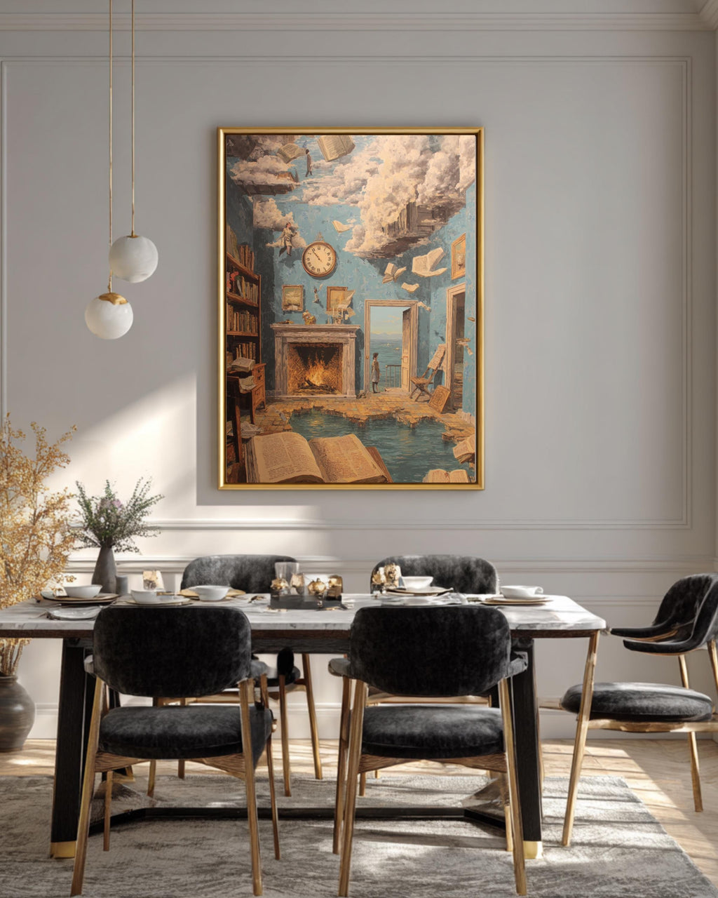 Surreal Apartment Interior Wall Art Featuring Melting Clocks, Floating Books, René Magritte Inspired Surrealist Poster Canvas