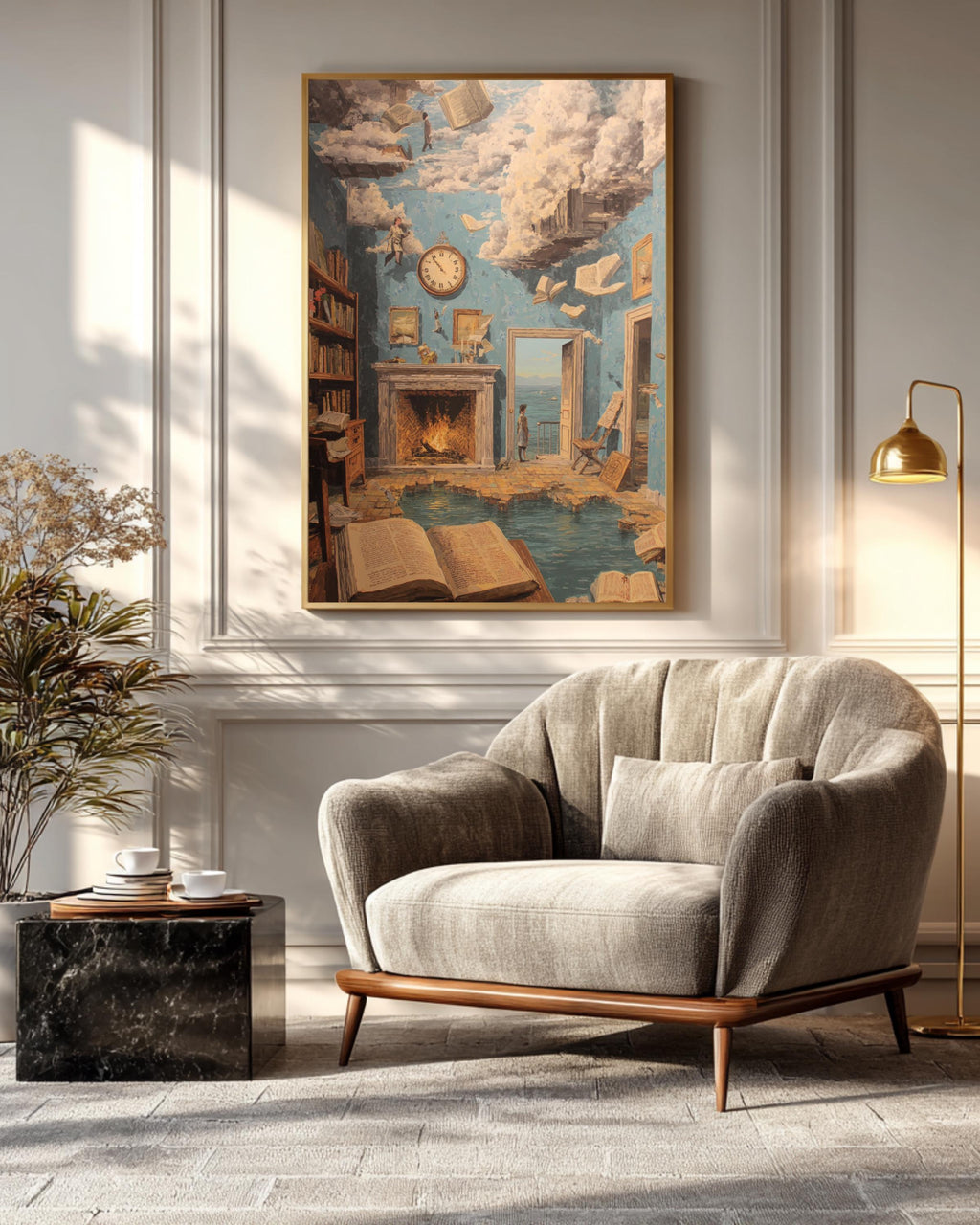 Surreal Apartment Interior Wall Art Featuring Melting Clocks, Floating Books, René Magritte Inspired Surrealist Poster Canvas