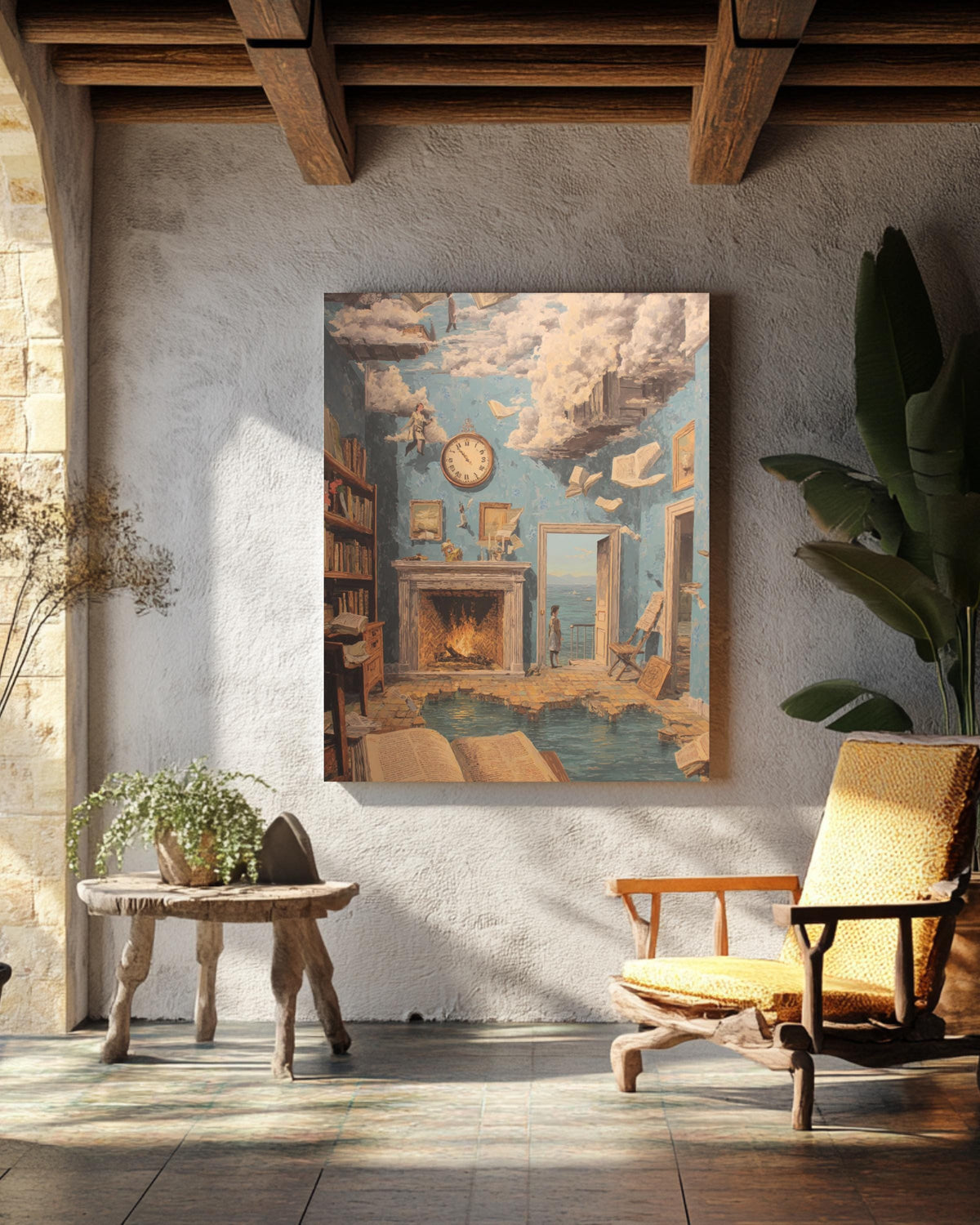 Surreal Apartment Interior Wall Art Featuring Melting Clocks, Floating Books, René Magritte Inspired Surrealist Poster Canvas