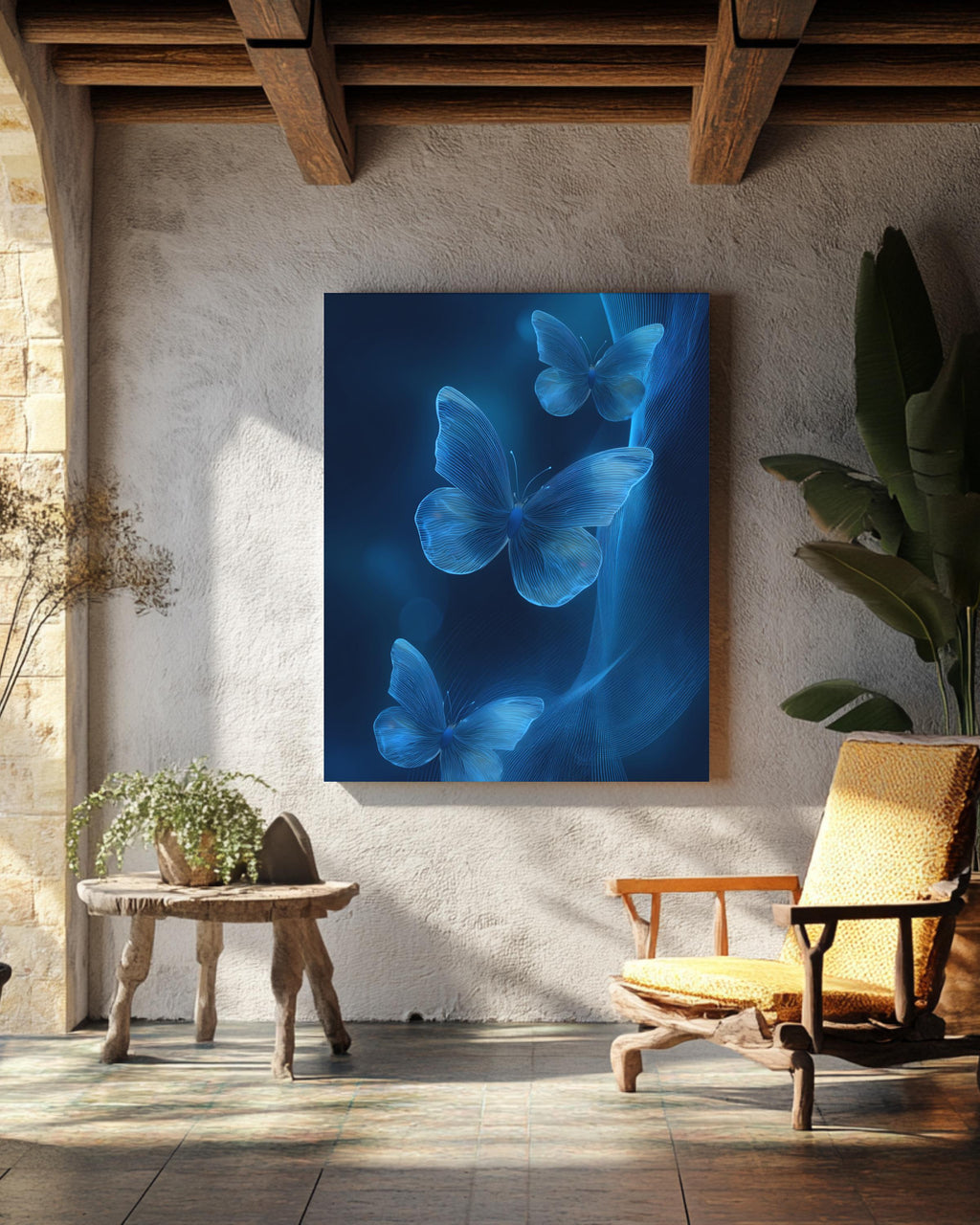 3D Blue Butterflies on Abstract Glowing Background With Light Waves, Simple Flat Vector Art, High-Resolution Poster Canvas