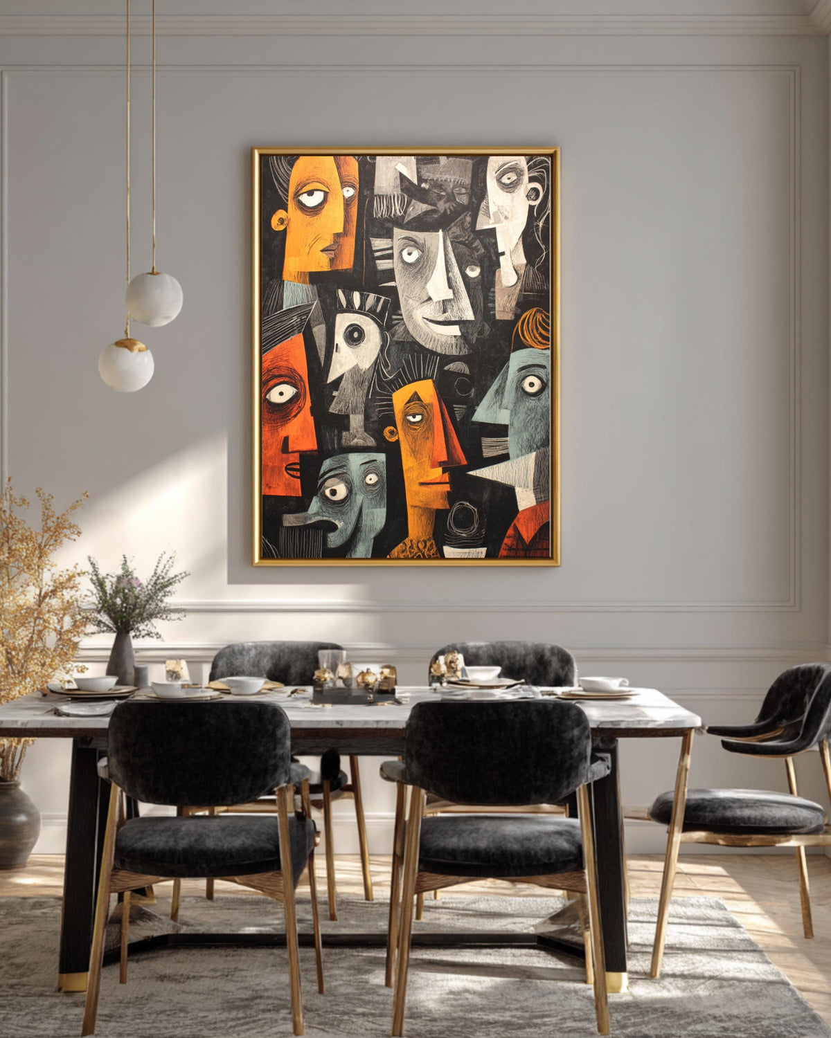 Cubist Wall Art Inspired by Picassos Guernica, Featuring Black Background, Dramatic Modernist Poster Canvas