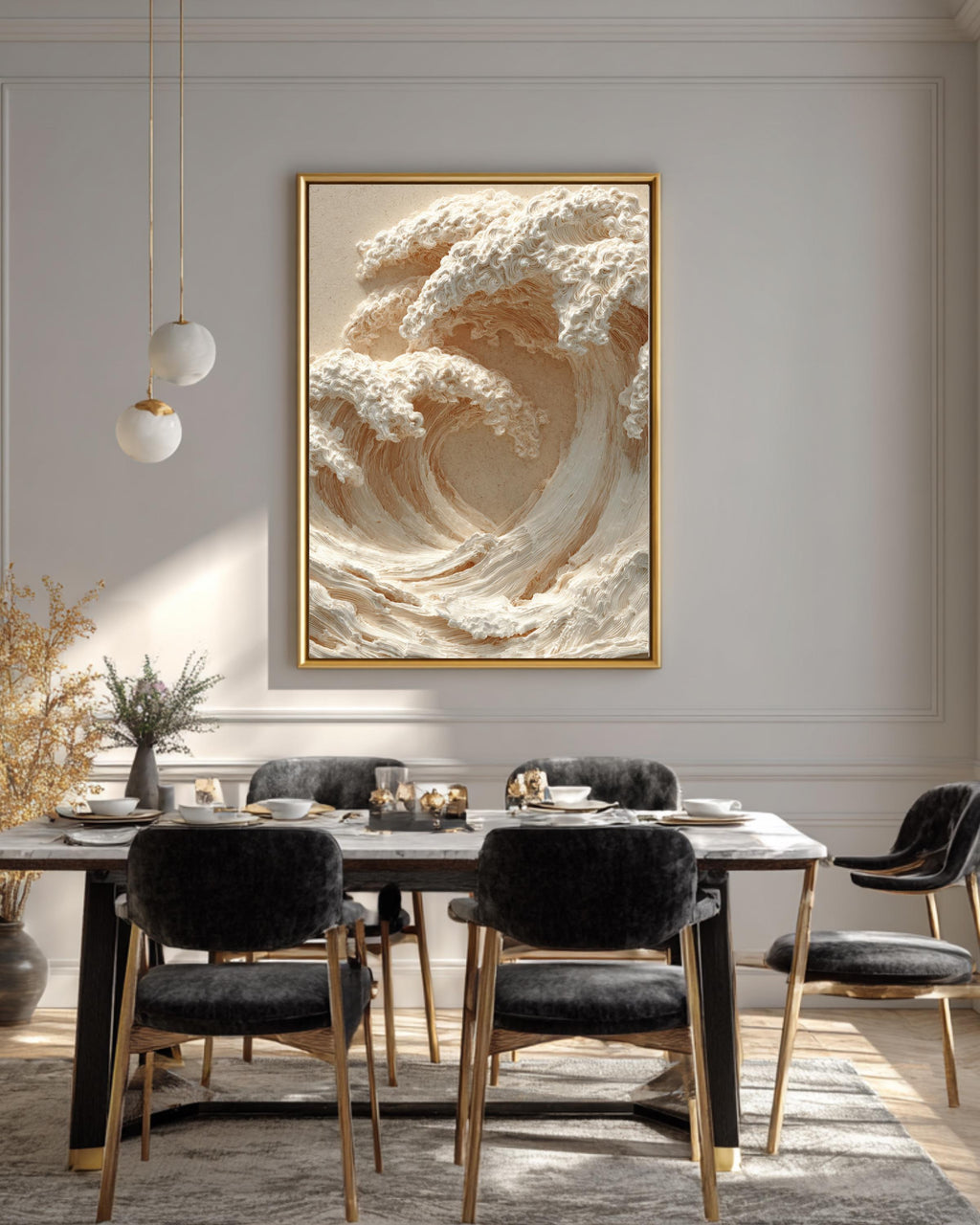 3D Carved Wall Art Featuring Two Waves Crashing With Beige and White Color Scheme, Soft Lighting, Close-Up Ocean-Inspired Poster Canvas