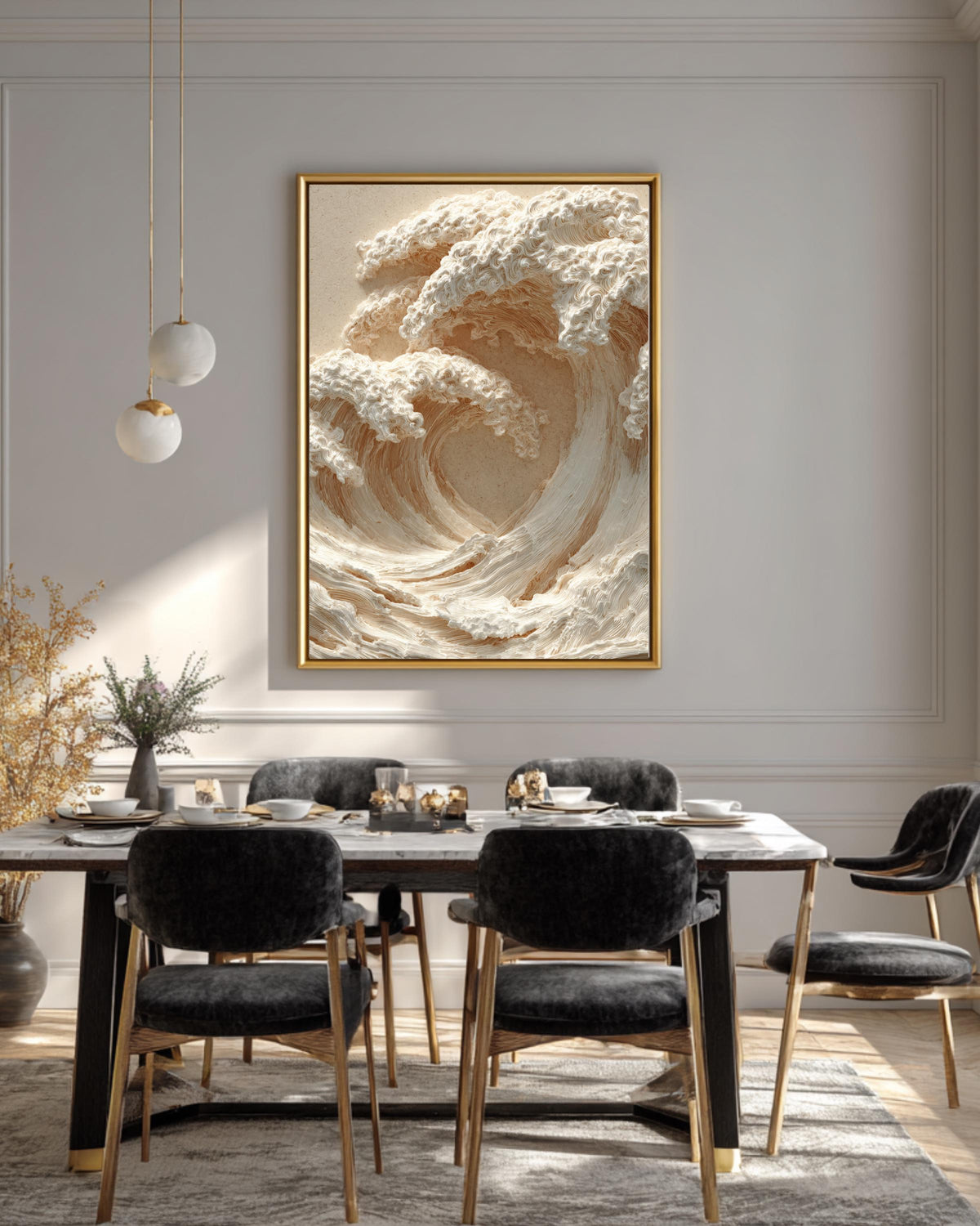 3D Carved Wall Art Featuring Two Waves Crashing With Beige and White Color Scheme, Soft Lighting, Close-Up Ocean-Inspired Poster Canvas