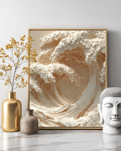 3D Carved Wall Art Featuring Two Waves Crashing With Beige and White Color Scheme, Soft Lighting, Close-Up Ocean-Inspired Poster Canvas
