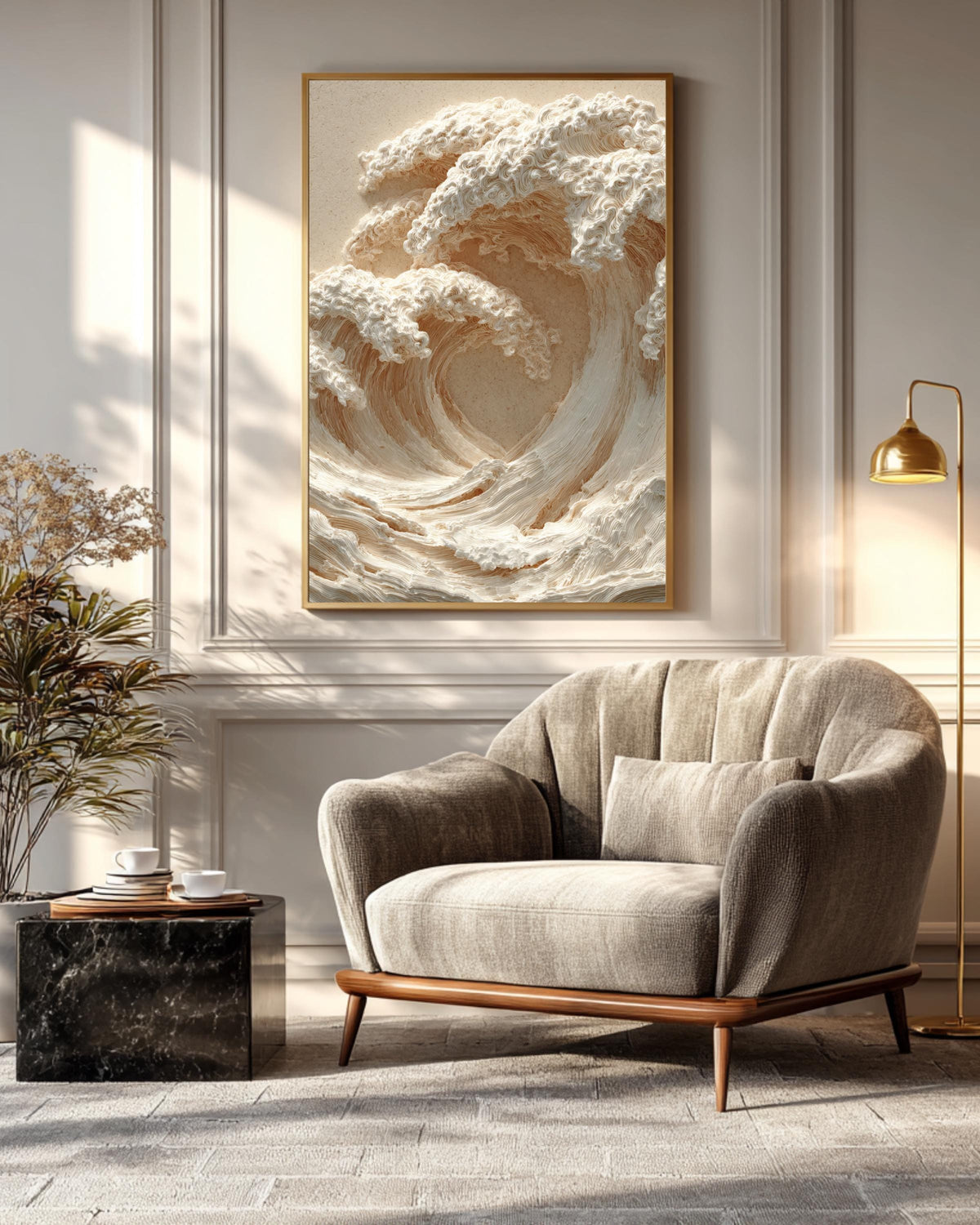 3D Carved Wall Art Featuring Two Waves Crashing With Beige and White Color Scheme, Soft Lighting, Close-Up Ocean-Inspired Poster Canvas