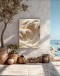 3D Carved Wall Art Featuring Two Waves Crashing With Beige and White Color Scheme, Soft Lighting, Close-Up Ocean-Inspired Poster Canvas