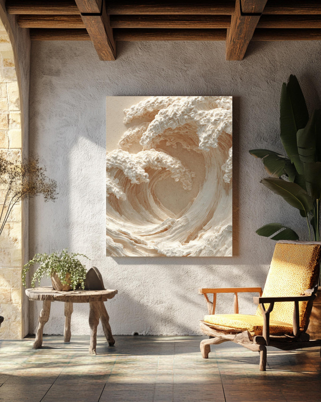 3D Carved Wall Art Featuring Two Waves Crashing With Beige and White Color Scheme, Soft Lighting, Close-Up Ocean-Inspired Poster Canvas