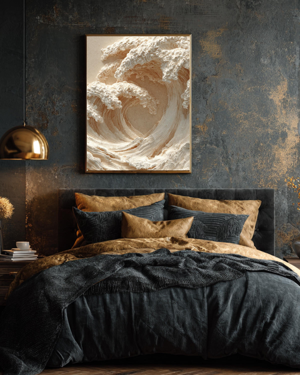 3D Carved Wall Art Featuring Two Waves Crashing With Beige and White Color Scheme, Soft Lighting, Close-Up Ocean-Inspired Poster Canvas