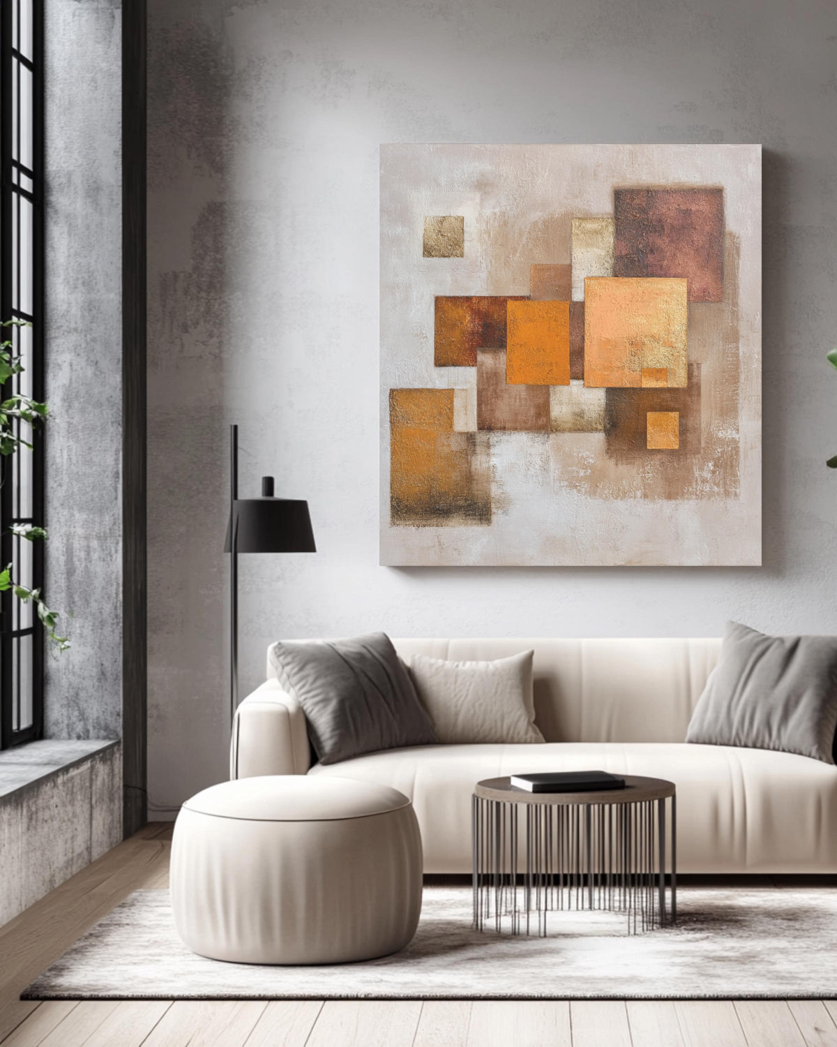 Textured Abstract Earthy Brown & Beige Square Art Print with Orange Geometric Shapes, Neutral Modern Wall Decor Poster Canvas