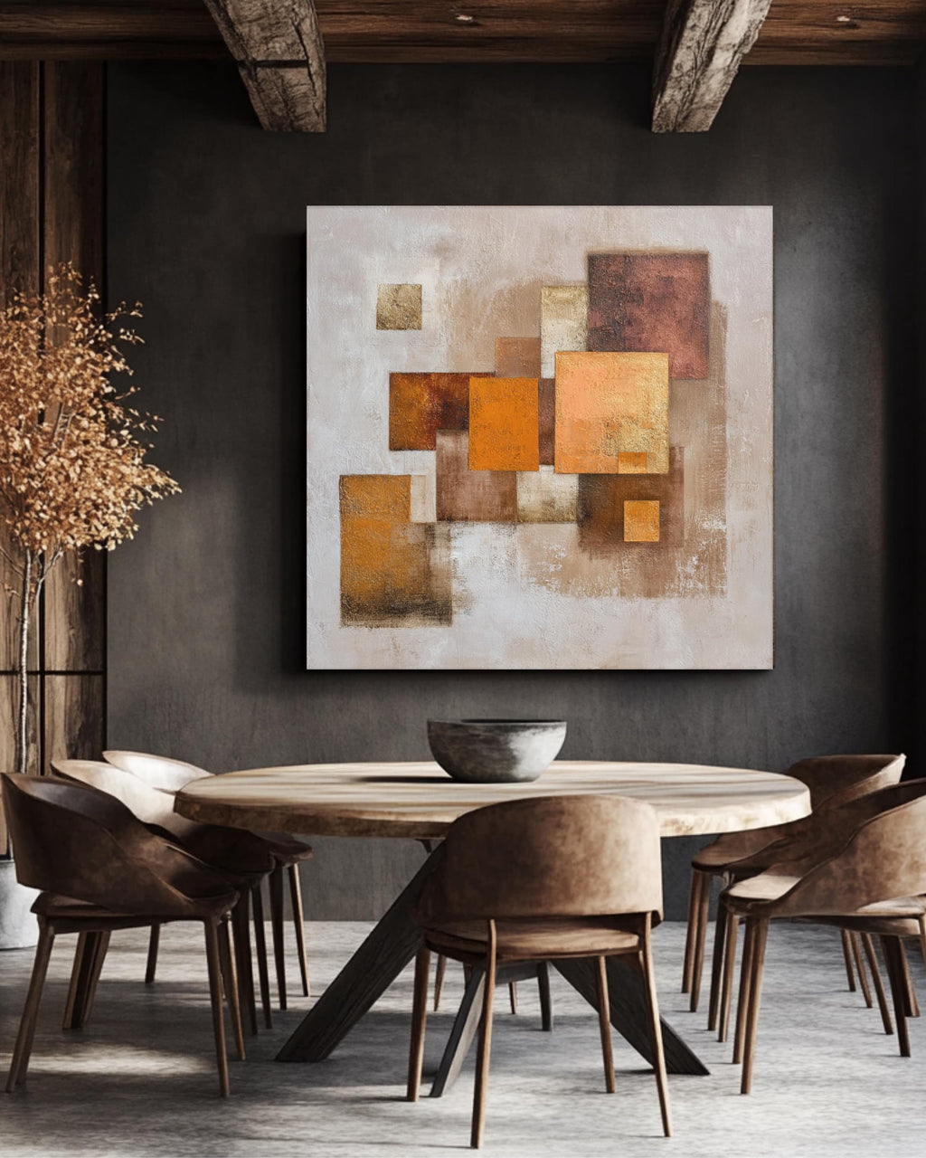 Textured Abstract Earthy Brown & Beige Square Art Print with Orange Geometric Shapes, Neutral Modern Wall Decor Poster Canvas