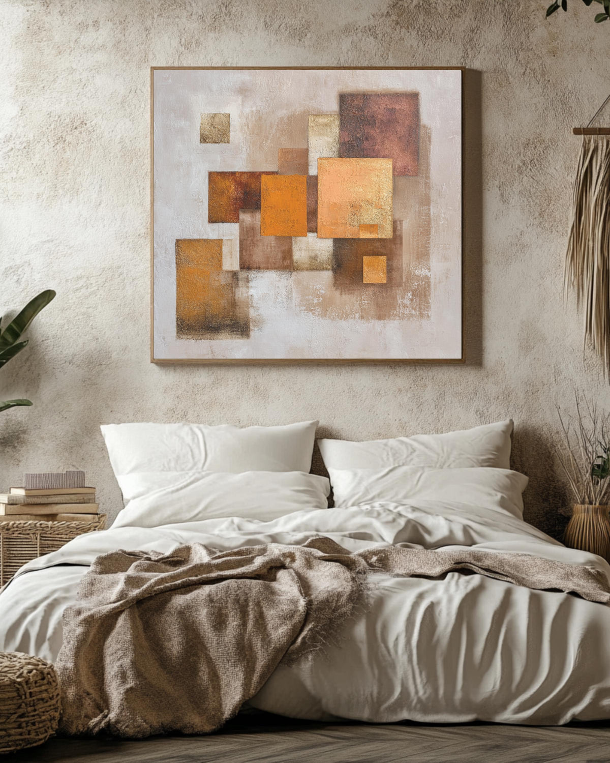 Textured Abstract Earthy Brown & Beige Square Art Print with Orange Geometric Shapes, Neutral Modern Wall Decor Poster Canvas