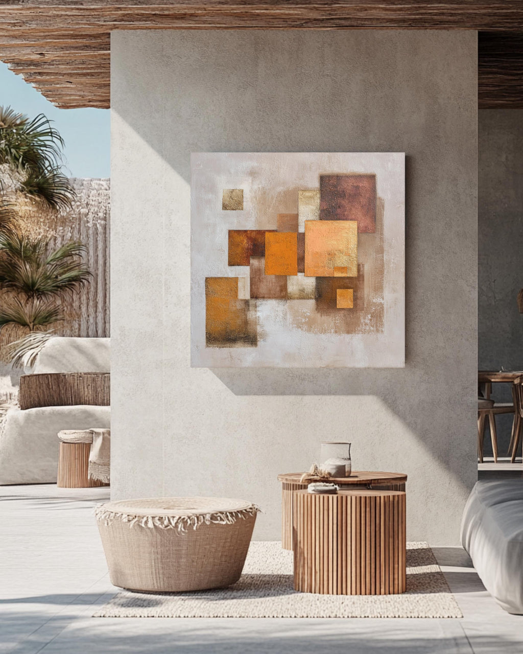 Textured Abstract Earthy Brown & Beige Square Art Print with Orange Geometric Shapes, Neutral Modern Wall Decor Poster Canvas