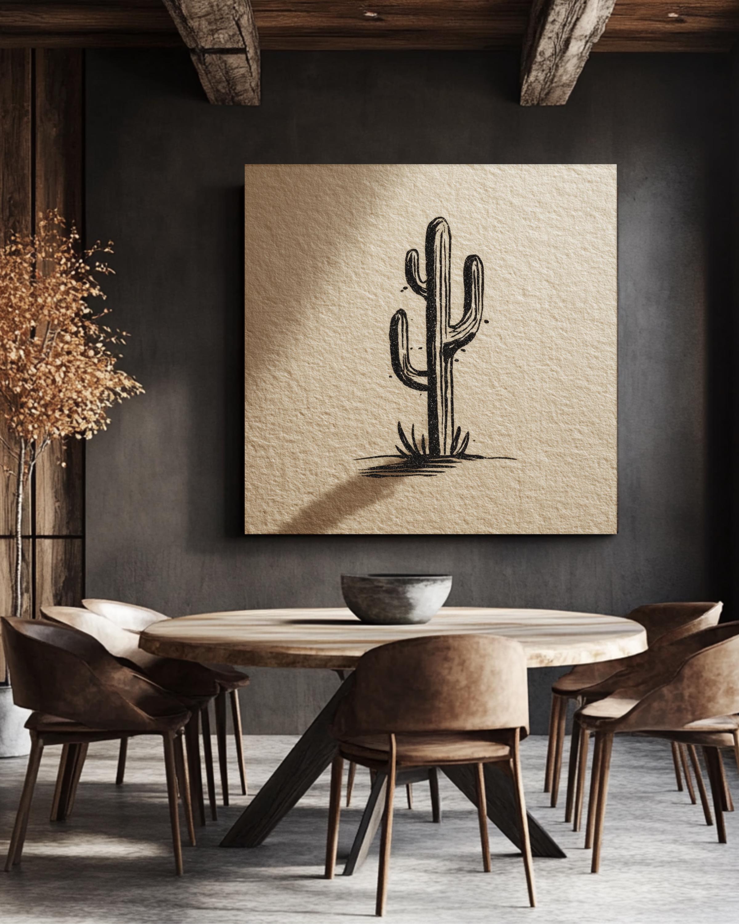 Minimalist Matisse-Style Cactus Line Drawing in Black Ink on Beige Paper & Soft Shadow, Modern Botanical Illustration Poster Canvas