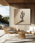 Minimalist Matisse-Style Cactus Line Drawing in Black Ink on Beige Paper & Soft Shadow, Modern Botanical Illustration Poster Canvas