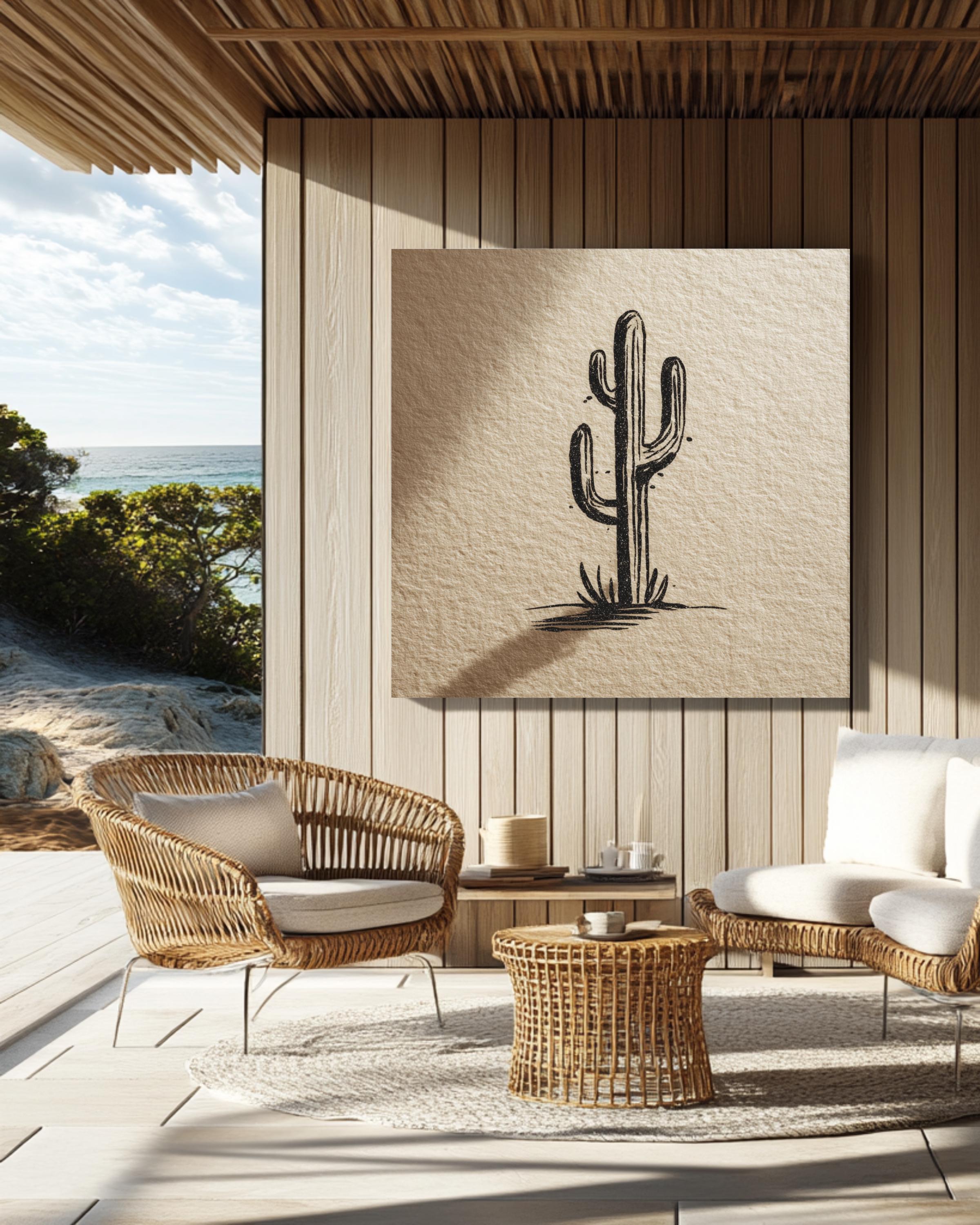 Minimalist Matisse-Style Cactus Line Drawing in Black Ink on Beige Paper & Soft Shadow, Modern Botanical Illustration Poster Canvas