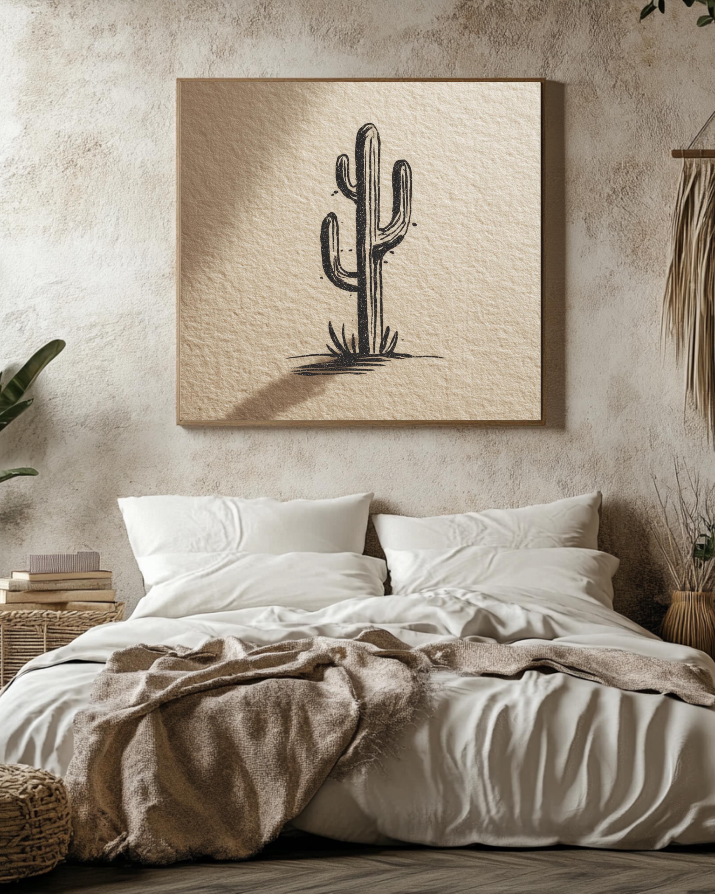 Minimalist Matisse-Style Cactus Line Drawing in Black Ink on Beige Paper & Soft Shadow, Modern Botanical Illustration Poster Canvas