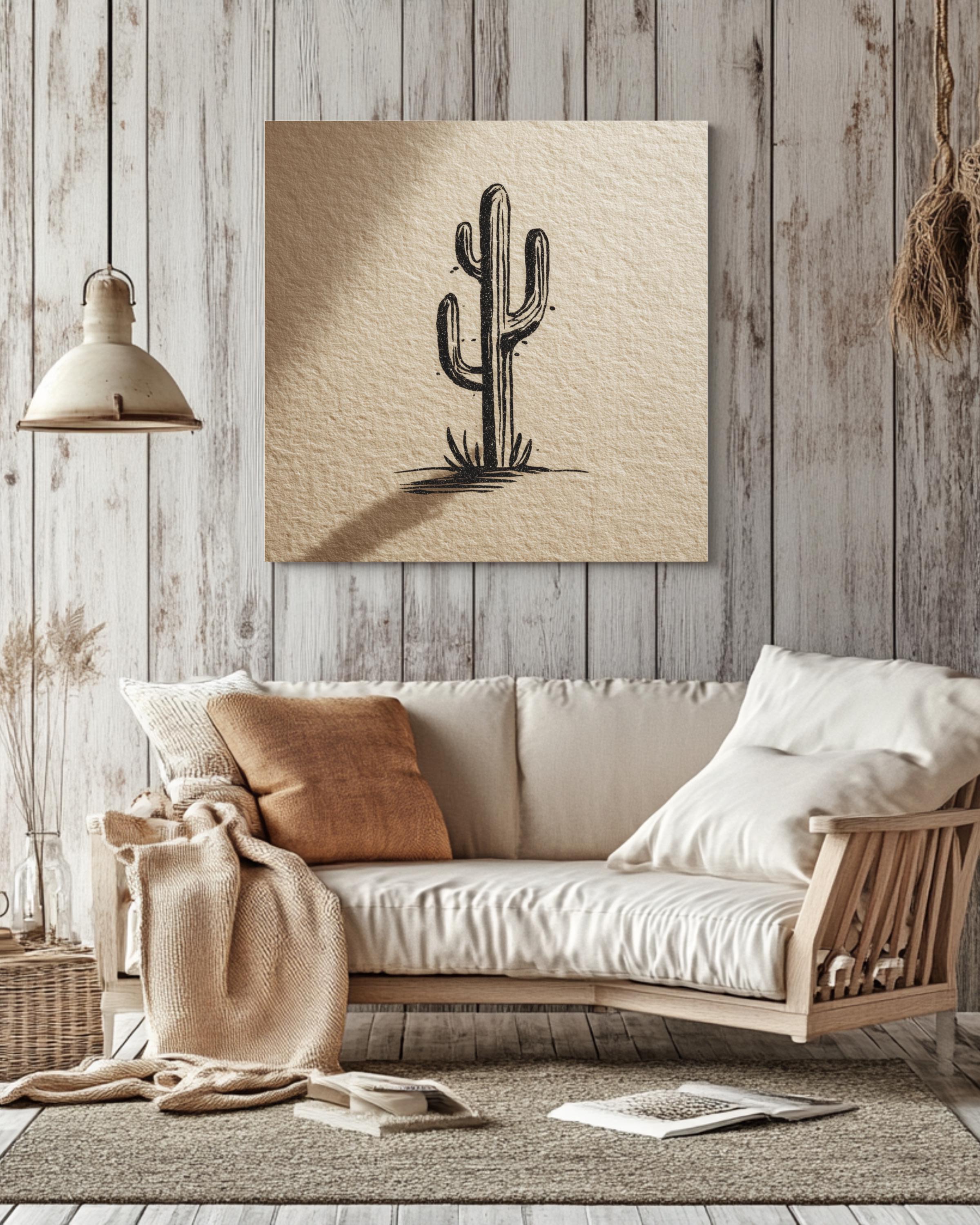 Minimalist Matisse-Style Cactus Line Drawing in Black Ink on Beige Paper & Soft Shadow, Modern Botanical Illustration Poster Canvas