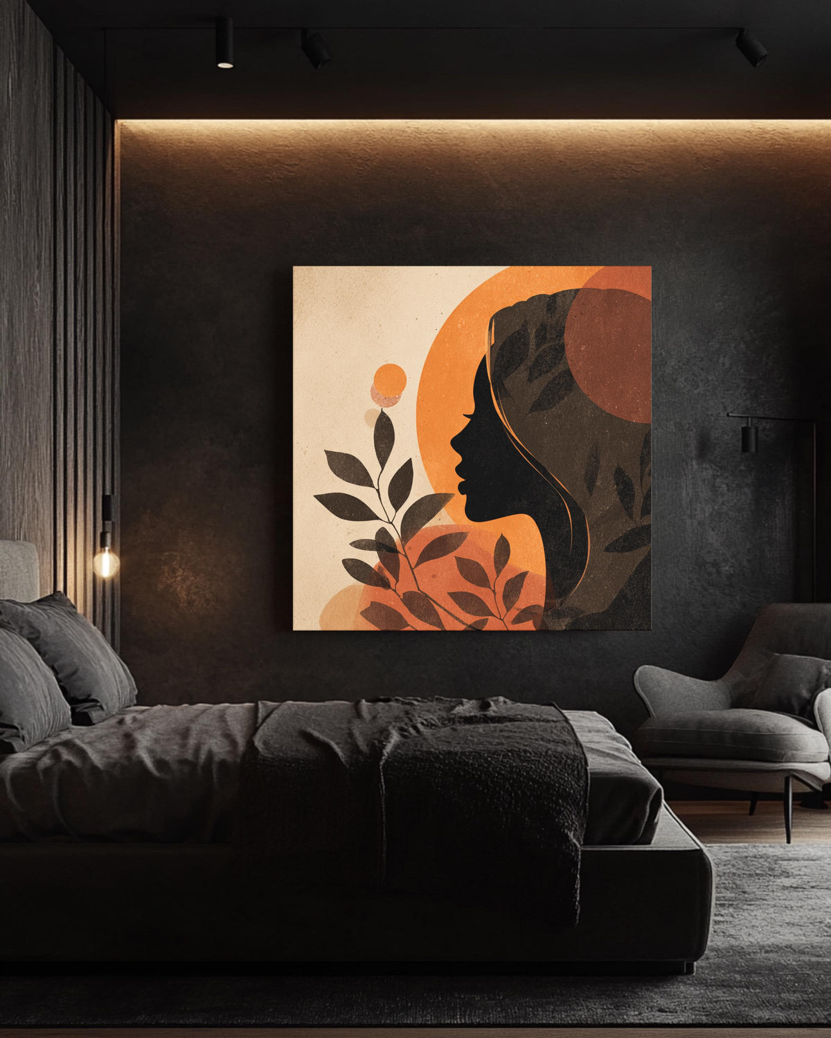 Boho Woman Profile Canvas Art, Olive Branch, Abstract Beige Tones