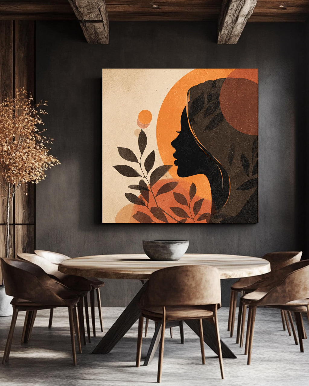 Boho Woman Profile Canvas Art, Olive Branch, Abstract Beige Tones