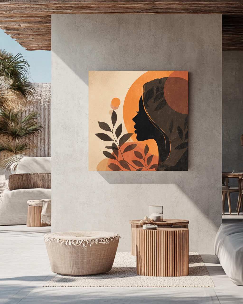 Boho Woman Profile Canvas Art, Olive Branch, Abstract Beige Tones