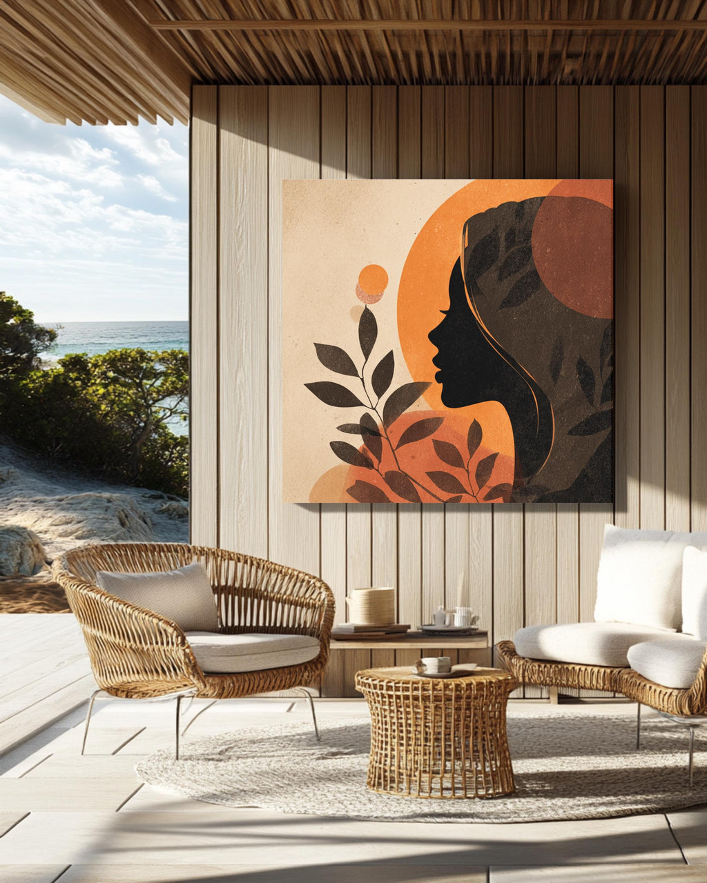 Boho Woman Profile Canvas Art, Olive Branch, Abstract Beige Tones