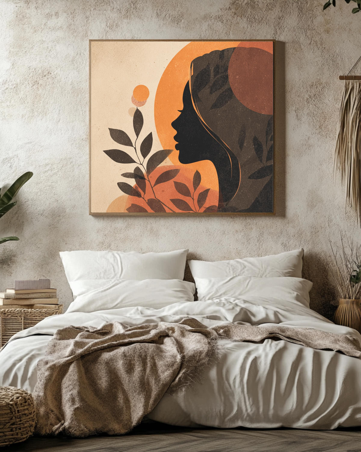 Boho Woman Profile Canvas Art, Olive Branch, Abstract Beige Tones