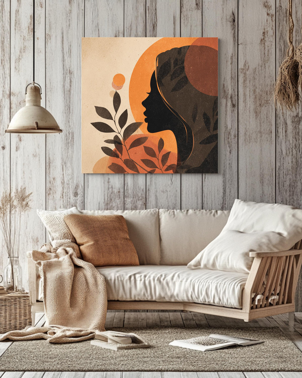 Boho Woman Profile Canvas Art, Olive Branch, Abstract Beige Tones