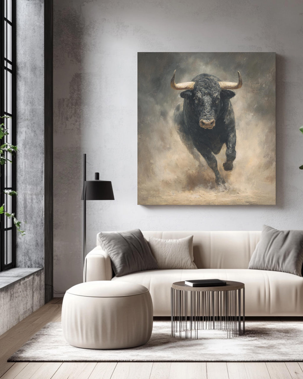 Black Bull Charging Oil Painting, Hyper-Realistic Animal Wall Art